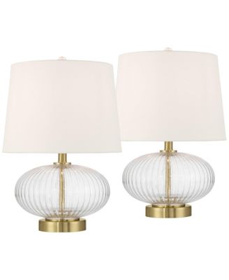 Darrah 19" High Small Mid Century Modern Accent Table Lamps Set of 2 USB Port Clear Glass Brass Finish Charging