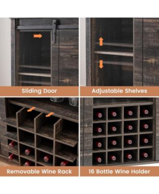 Farmhouse Bar Cabinet with Barn Doors, Wine Storage with Drawer and Open Shelves, Burnt Wood Finish, Home Bar