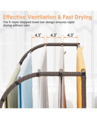 Outdoor Pool Towel Rack with 5 Bars, Durable PE Rattan and Steel, Trapezoid Design, Caster Wheels, Versatile Storage