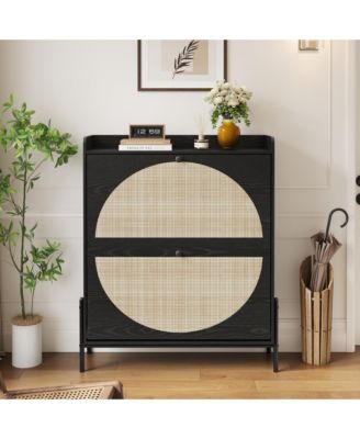 Freestanding Rattan Storage Cabinet, Slim Shoe Organizer Featuring 2 Flip Drawers and Sturdy Metal Legs for Entryway