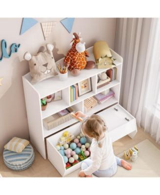 Kids Toy Storage Organizer Bookshelf, 5 Open Cubbies, Movable Drawers, Hidden Wheels, Multi-Purpose Floor Cabinet
