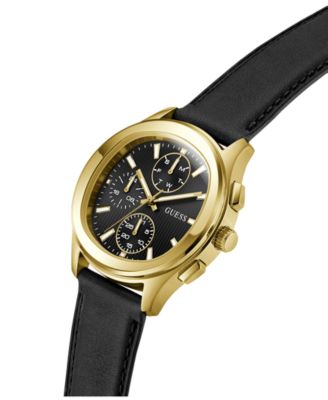 Men's Gold-Tone Stainles Steel Black Leather Multi-Function Watch, 40mm