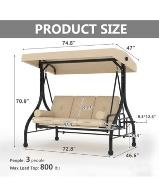 3-seat porch swing with stand, adjustable canopy, 800 lb capacity, cup holder tray, cushions and pillows for outdoor patios.