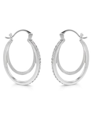 Crystal Double Hoop Earrings in Silver-Plate, 1.2"