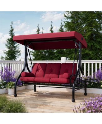 3-seat porch swing with stand, adjustable canopy, 800 lb capacity, cup holder tray, cushions and pillows for outdoor patios.