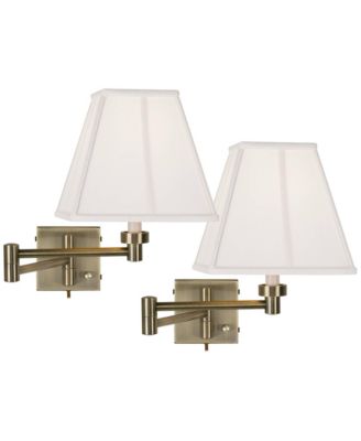 Modern Swing Arm Wall Lamps Set of 2 Antique Brass Plug-In Light Fixture Ivory Square Shade Bedroom Bedside Reading