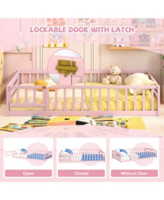 Twin Size Kids Montessori Floor Bed with Door and Protective Fence