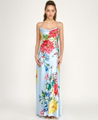 Juniors' Cowl Neck Printed Spaghetti Straps Satin Gown