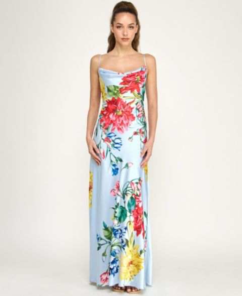 Женские платья B Darlin Juniors' Cowl Neck Printed Spaghetti Straps Satin Gown, цвет: Синий / Разноцветный