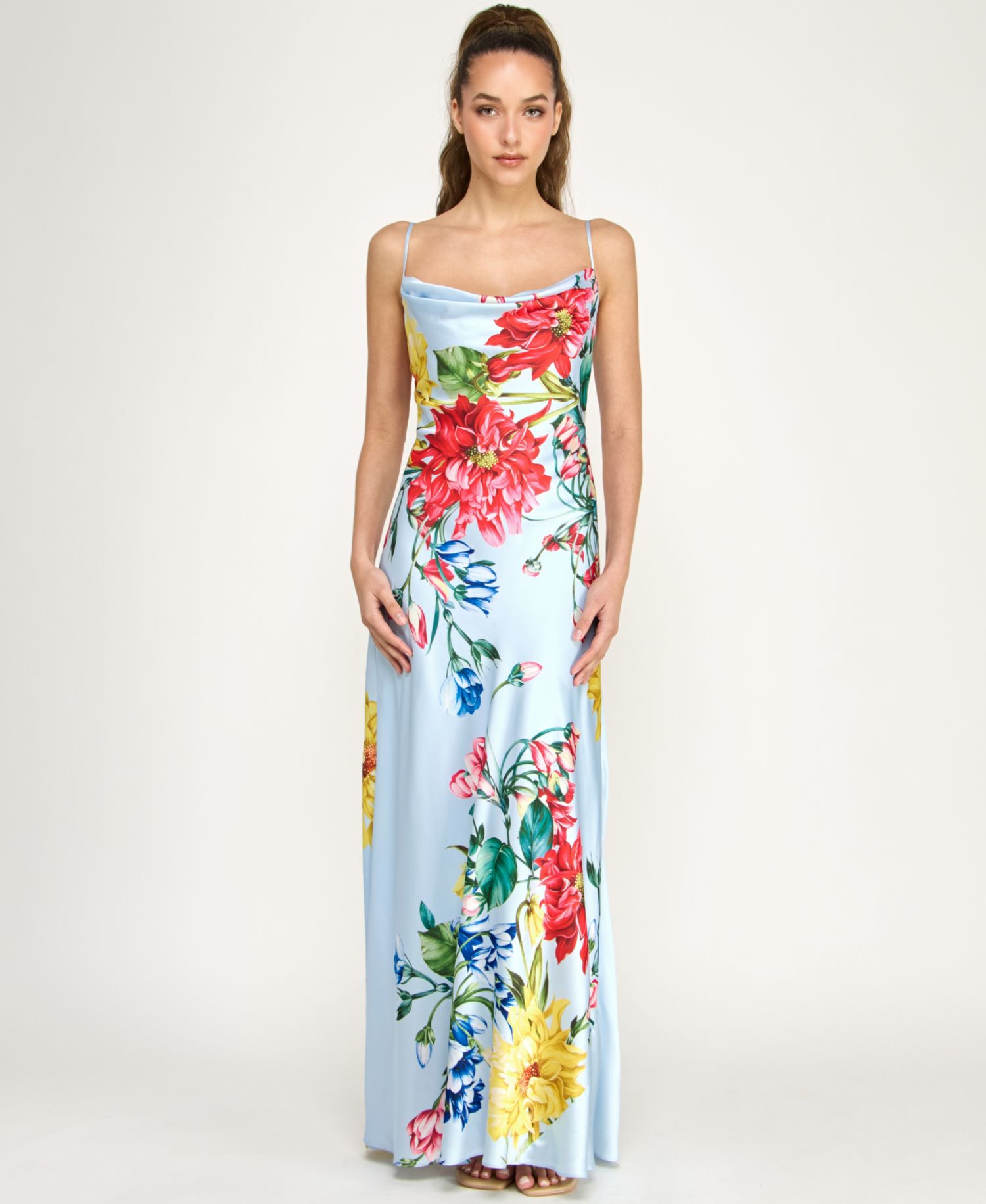 Juniors' Cowl Neck Printed Spaghetti Straps Satin Gown