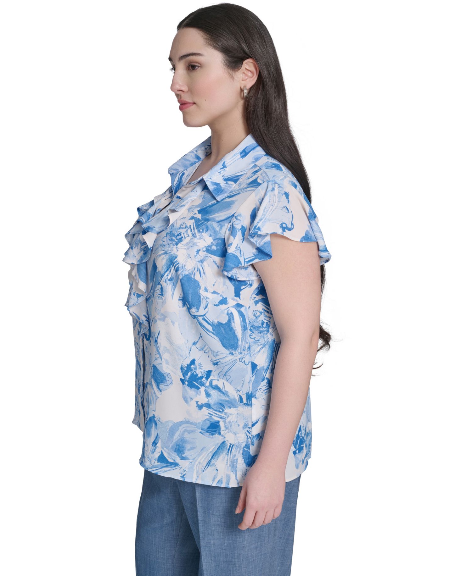 Plus Size Cap-Sleeve Ruffle-Front Collared Top