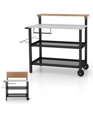 Rolling 3-Tier Bar Cart with Flip-Up Table, Hooks, and Wheels