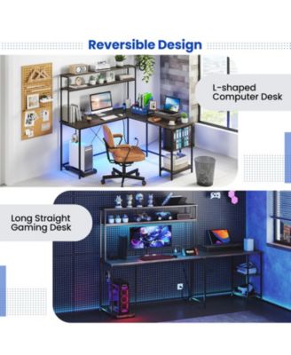 L-Shaped Reversible Gaming Desk with LED Lights, Power Outlets, Monitor Stand and Hutch