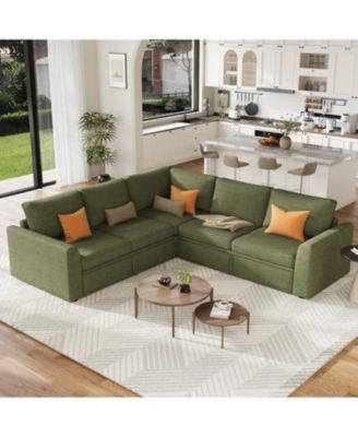 Corduroy U Shaped Sectional Sleeper Sofa with Pull Out Bed, Storage Seat & Ottoman