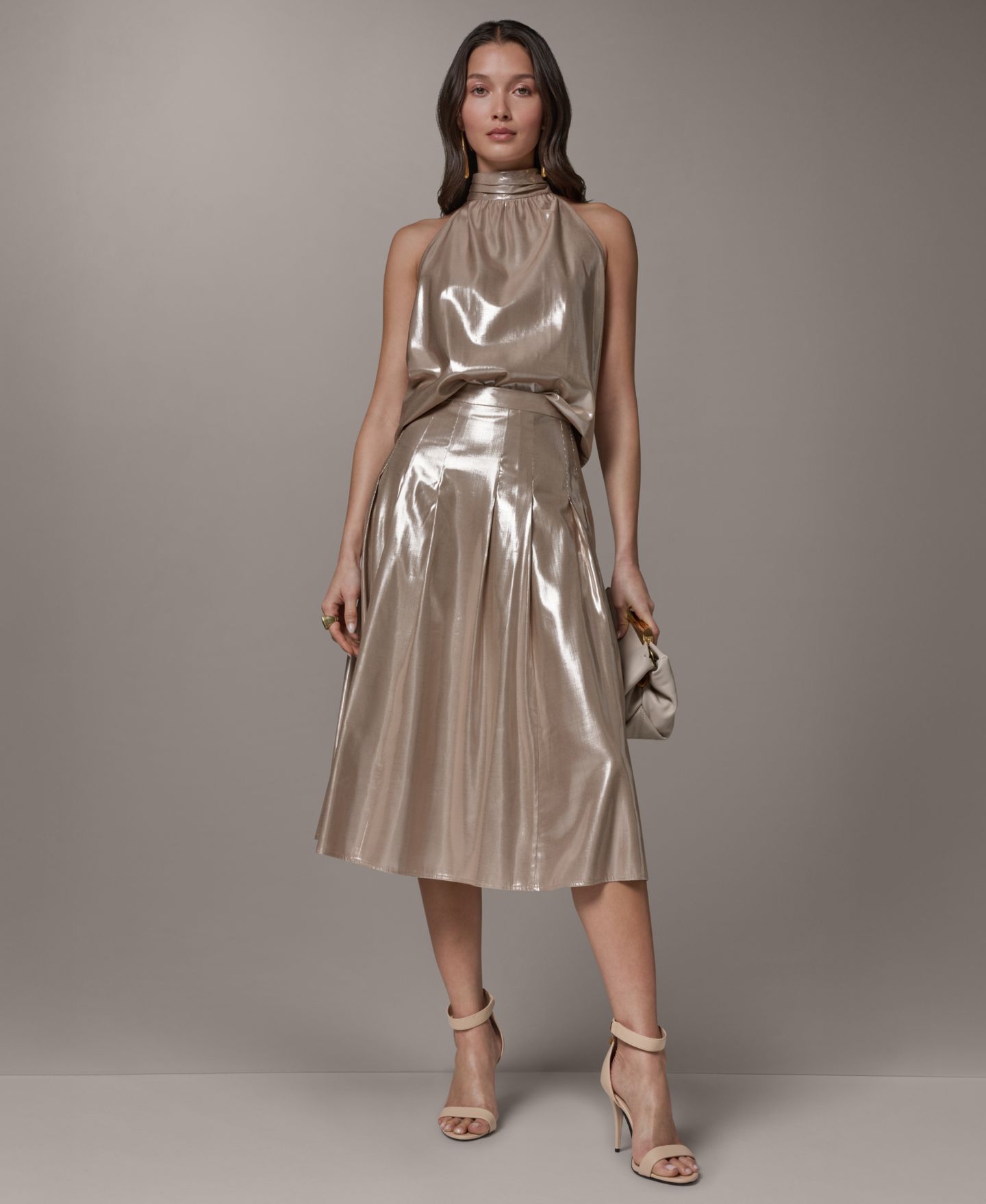 Женская юбка Donna Karan New York Shine Pleated Metallic Midi, цвет: Снежный — фото 8