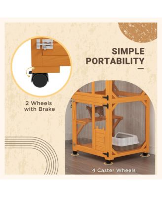 Zeus &  Ruta Large Cat Haven with Elevated Sleeping Platform, 71" Wooden Frame with Asphalt Roof, Indoor/Outdoor Enclosure with Wheels