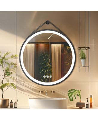 32" Circle Hanging Vanity Mirror for Wall with Leather Strap 3 Colors Dimmable for Bedroom Entryway