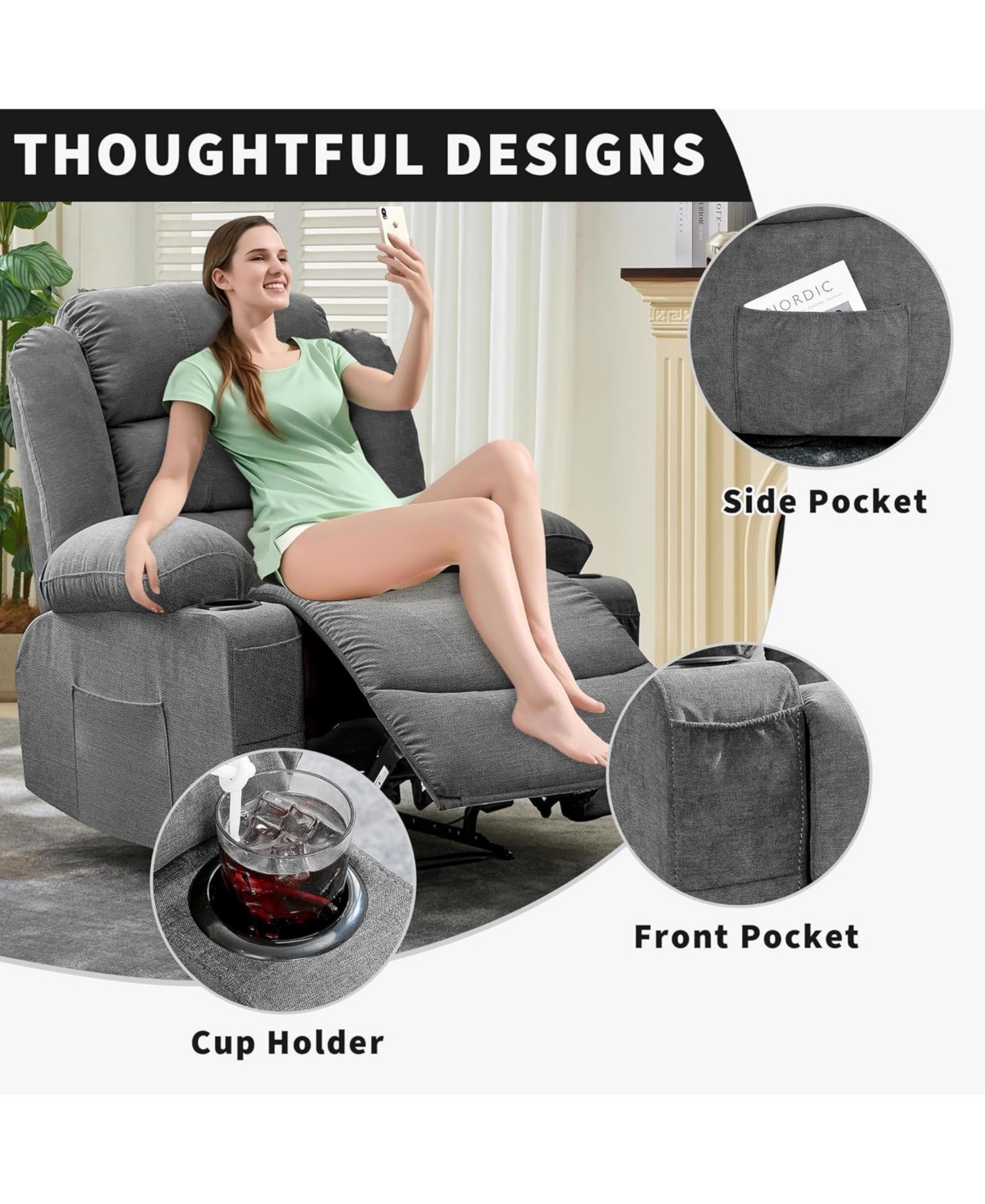 gaomon Wide Rocker Recliner Chair for Adults, Manual Oversized Chairs w/Armrest, Backrest, 2 Cup Holders, Side Pocket