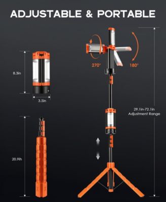 Rechargeable 10000mAh Camping Light Cordless Work Light with Detachable Stand 6.5 ft Max Height, 3 LED Lamp Heads, 2500 Lumens Emergency Flashlight