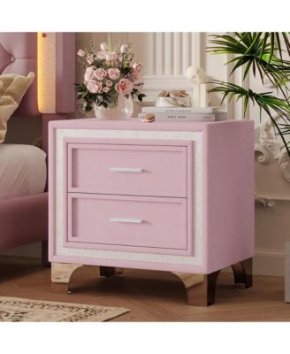 Mid Century Vintage Nightstand with 2 Drawers, Silver Glitter Strip and Metal Legs