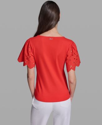 Women's Eyelet Mix Media V-Neck Top