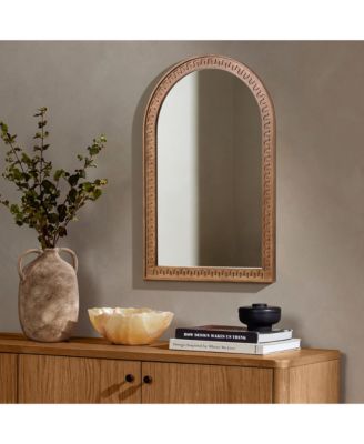 39.4'' Arched Wall Mirror with Carved Rubberwood Frame, Modern Farmhouse Accent