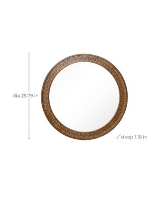 25.8'' Round Wall Mirror, Carved Rubberwood Frame, Living Room Wall Accent