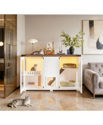  47.25" LED Light Litter Box Enclosure with Hidden Cat Furniture Cabinet, Stairway Scratching Post and Smart Doors