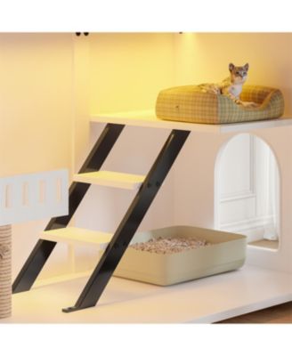  47.25" LED Light Litter Box Enclosure with Hidden Cat Furniture Cabinet, Stairway Scratching Post and Smart Doors