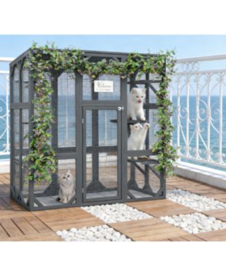 Large Cat Haven with Elevated Sleeping Platform, 71" Wooden Frame with Asphalt Roof, Indoor/Outdoor Enclosure with Wheels