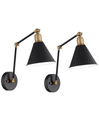Wray Modern Wall Lamps Set of 2 Painted Black Brass Hardwire Light Fixture Adjustable Arm Metal Cone Shade for Bedroom Reading