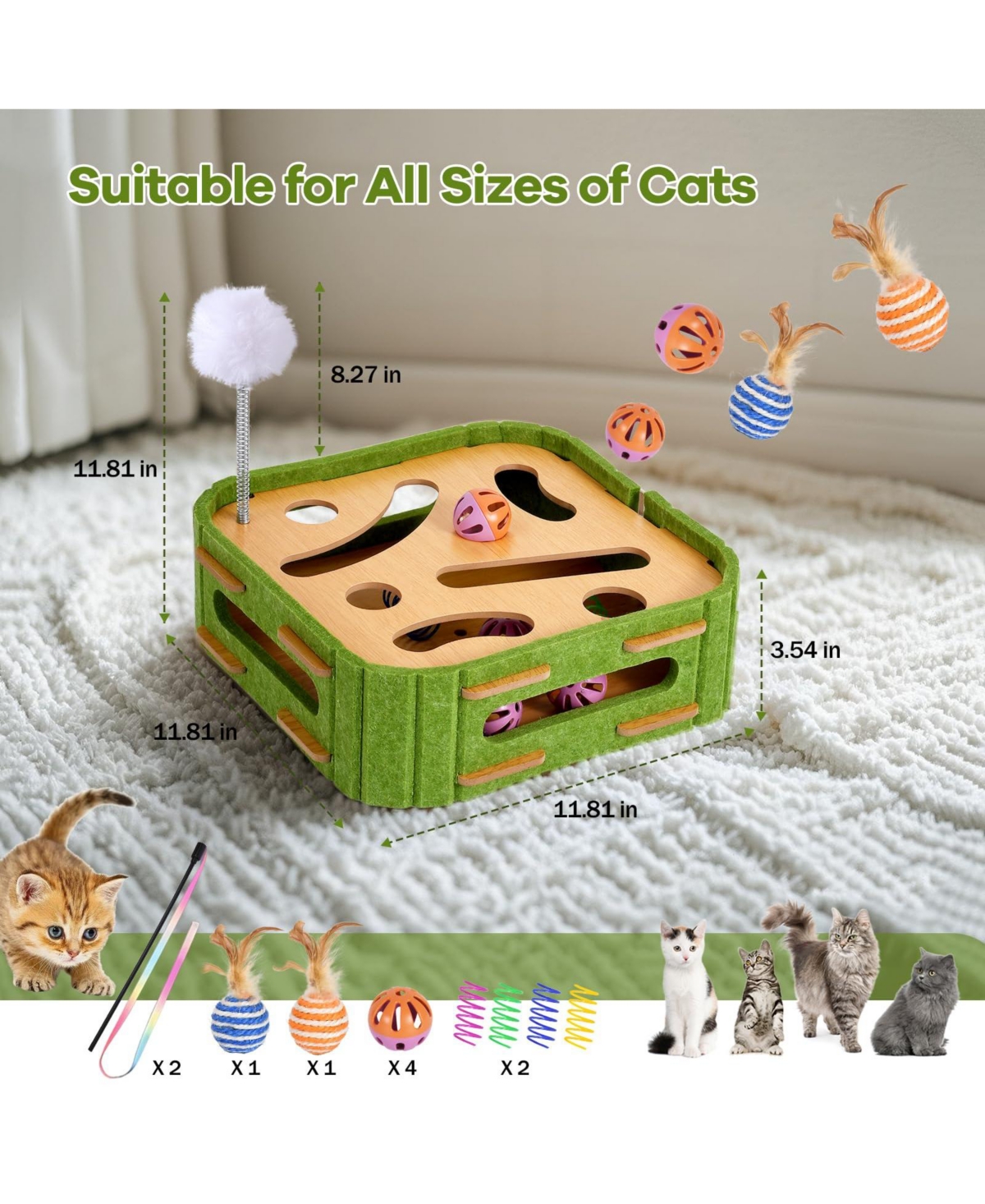 Aronkl Interactive Cat Puzzle Feeder Wooden Toy Set with Jingle Balls Wands Spiral Springs for Indoor Cats