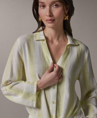 Women's Linen Button-Front Tie Blouse