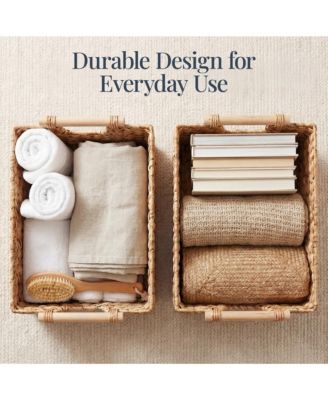 Wicker Storage Basket, Shelf Basket w/ Wooden Handles, Rectangular Storage Bin