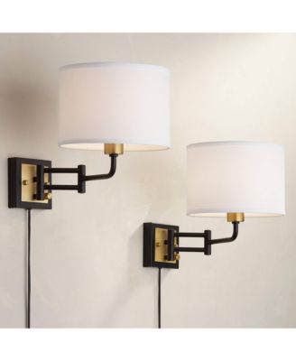 Joelle Modern Swing Arm Wall Lamps Set of 2 Brass Black Plug-in Light Fixture Fabric Drum Shade for Bedroom Bedside Living Room Reading