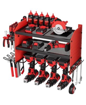 Wall-Mount Power Tool Organizer, 3-Tier Storage Rack with 4 Drill Holders, Side Pegboards, Garage Tool Storage Rack