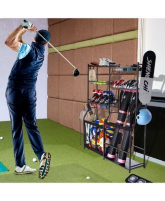 Golf Storage Organizer with 2 Golf Bag Holders, Baskets and Hooks, Steel Sports Equipment Storage Rack for Garage