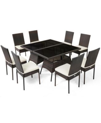 10 PCS Rattan Dining Set w/ Glass Table and High Back Chair Patio Mix Brown