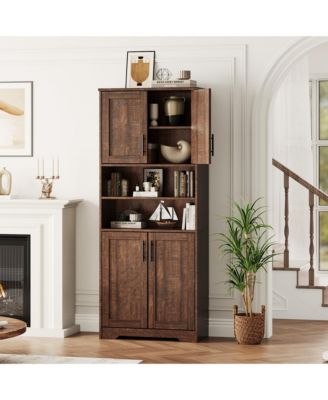 67" Tall Bathroom Cabinet, Freestanding Wooden Storage with 4 Doors, 2 Open Compartments, Adjustable Shelves, Microwave Stand