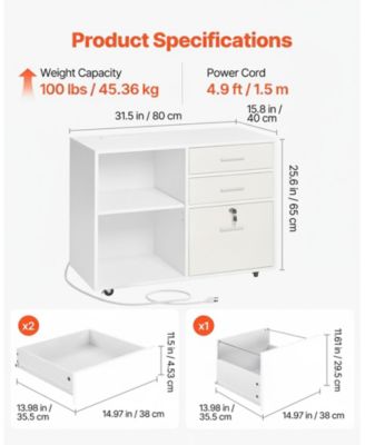 3 Drawer Wooden File Cabinet, Mobile Filing Cabinet with Light Strip, Lockable Rolling File Storage with Adjustable Shelves and 5 Wheels, Free