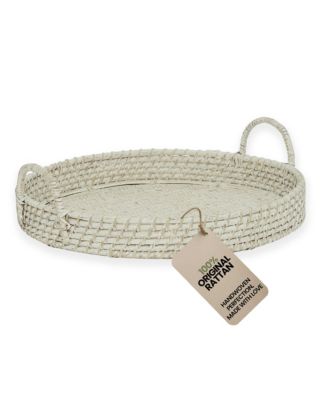 Round Rattan Serving Tray with Handles | Handmade Woven Cane Basket Tray for Coffee Table