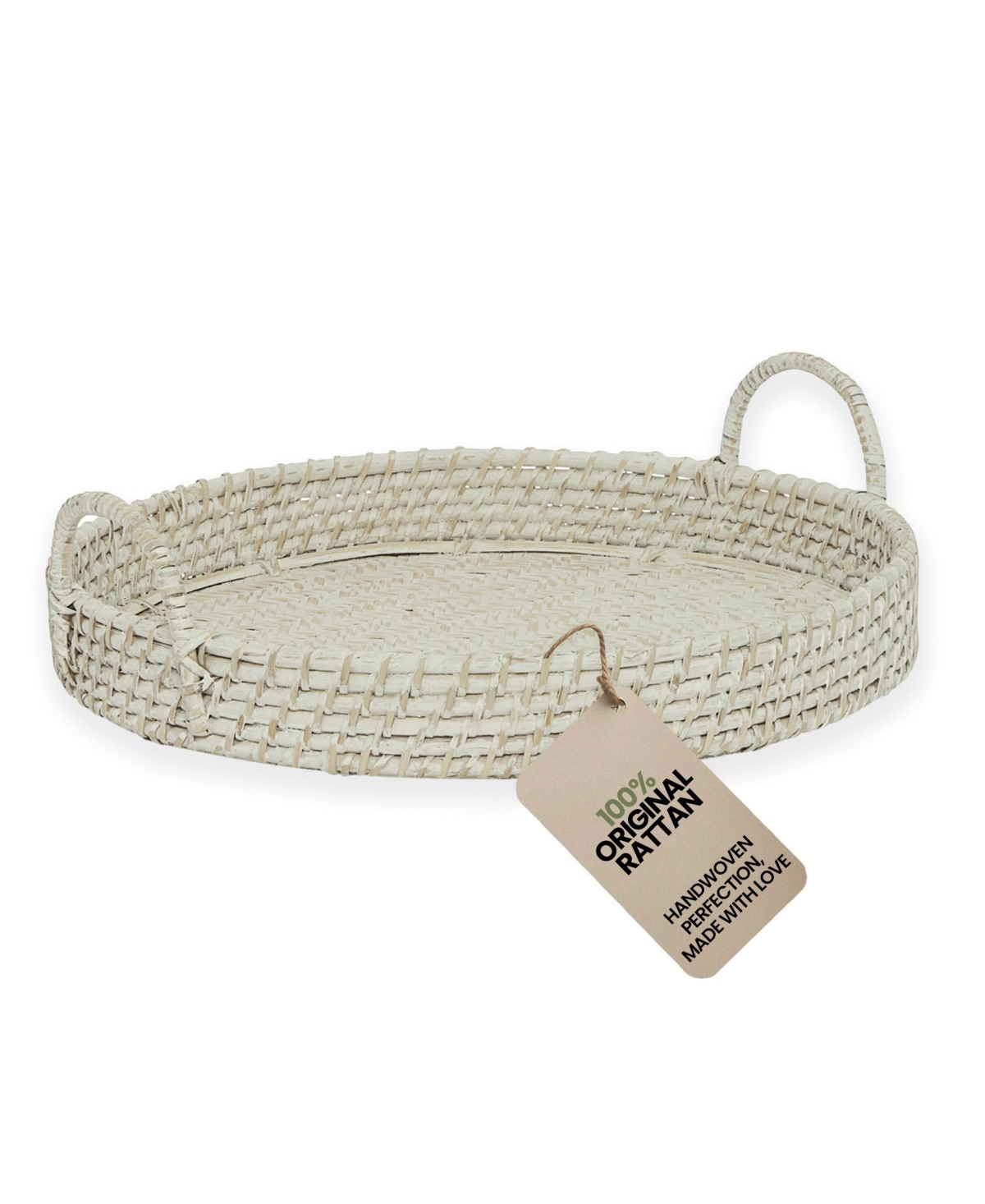 Wicker Village Round Rattan Serving Tray with Handles | Handmade Woven Cane Basket Tray for Coffee Table | Large 18x18 in | White