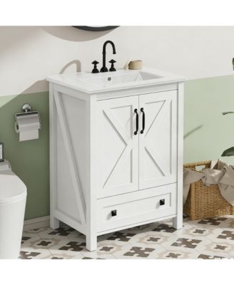 Vanity with Ceramic Sink, Modern Bathroom Vanity with 2 Doors and 1 Storage Drawer, Freestanding Bathroom Cabinet with Modern Design