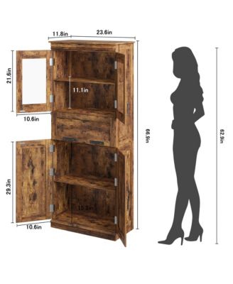 67" Tall Bathroom Storage Cabinet with 4 Doors, Flip Glass Drawer, Adjustable Shelves, Freestanding Organizer