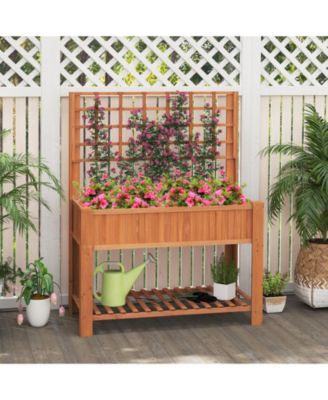 Fir Wood Raised Garden Bed with Trellis and Storage Shelf, 45 x 23 x 59 in Elevated Planter