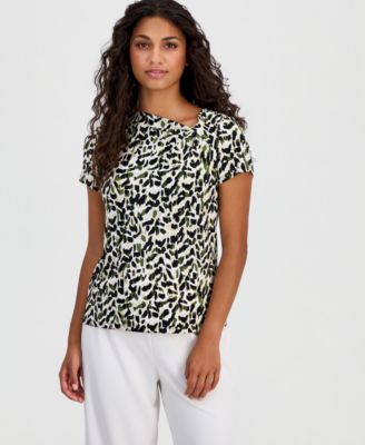 Petite Printed Asymmetric Short-Sleeve Top