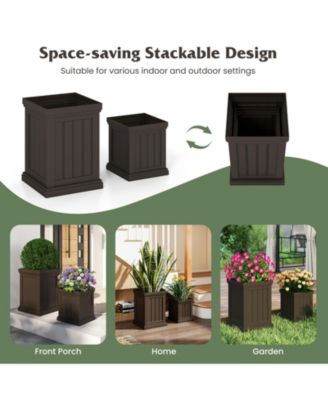Square Plastic Planter Pots Set of 2 with Drainage Holes and Nesting Storage Design
