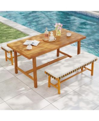 3-Piece Farmhouse Patio Dining Set with 63 in Acacia Wood Table, 2 Cushioned Benches