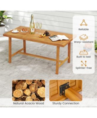 3-Piece Farmhouse Patio Dining Set with 63 in Acacia Wood Table, 2 Cushioned Benches