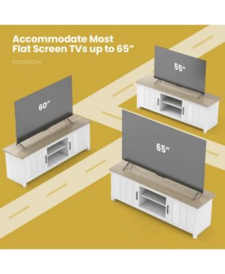 Two-Tone 57-Inch TV Stand with Cabinets and Open Shelves